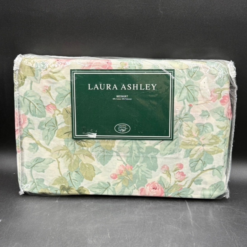 Vintage Laura Ashley Bedskirt Twin Aqua Cottage Rose Ruffle Floral Cottage Chic